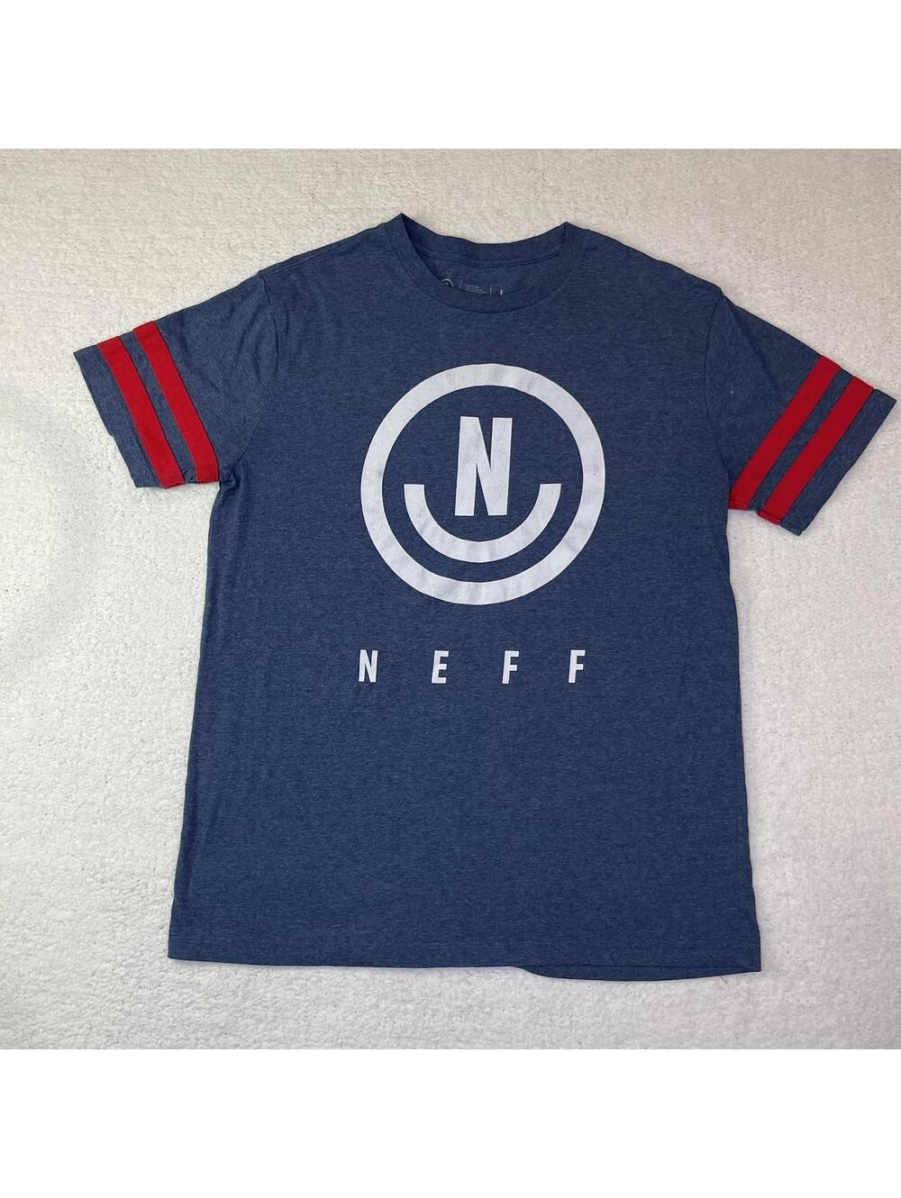NEFF Shirt Men's L Blue Logo Graphic Tee Striped Crew Neck Short Sleeve Adult